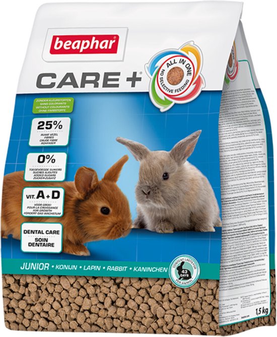 Zak Beaphar Care+ Junior konijnenvoer met jonge konijnen, 25% vezel, 0% suikers, Vitamine A+D en tandverzorging.