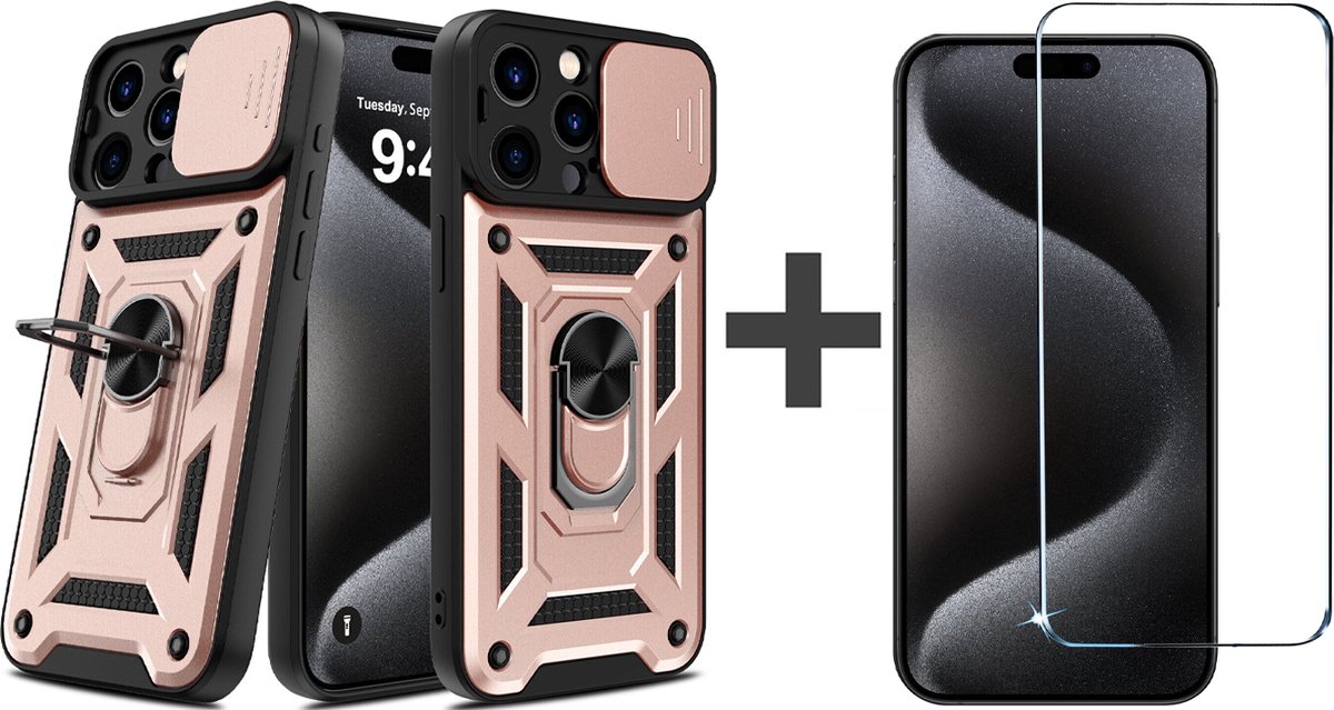BixB hoesje met screenprotector van gehard glas Geschikt voor iPhone 15 Pro Max met Ringhouder en Camera schuifje backcover - Rosegoud