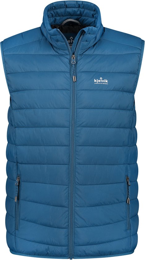 Blauwe Kjelvik bodywarmer met rits en Kjelvik logo, staand model.