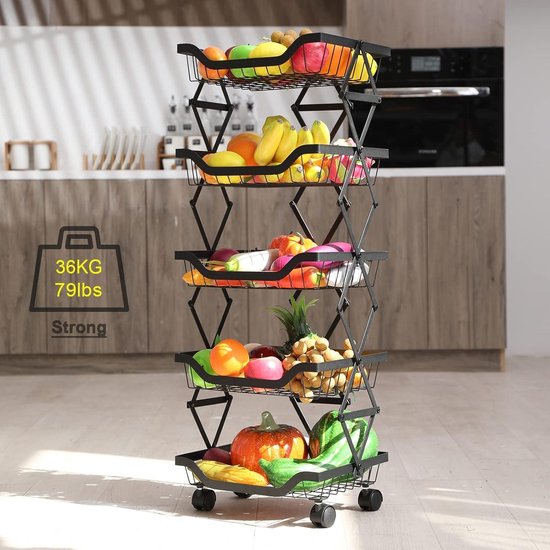 BRIAN & DANY 6-laags plantenopbergrek, stapelbare fruitgroentestandaard met afsluitbare wielen en 5 S-haken voor keuken, bijkeuken, badkamer, garage