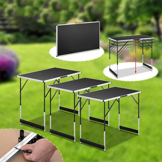 Multifunctionele klaptafels - set van 3 tafels voor buiten - verstelbare hoogtes en draaggreep - picknicktafel voor camping - 30 kg draagvermogen - zwart Vouwtafel — afbeelding 3