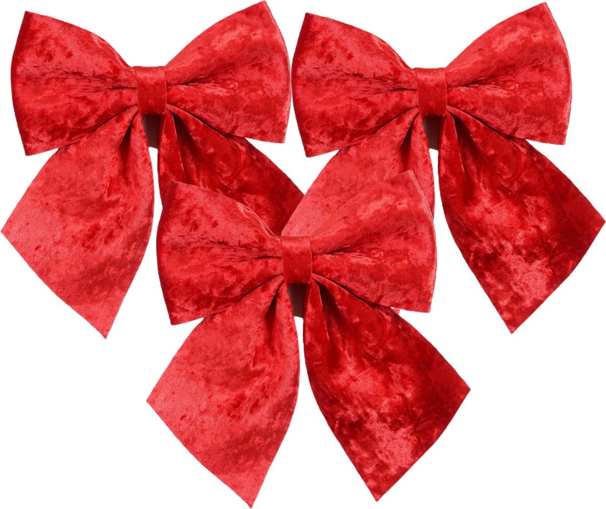 House of Seasons Kerst strik ornamenten - 3x - rood - 20 x 24 cm - polyester fluweel - kerststrik