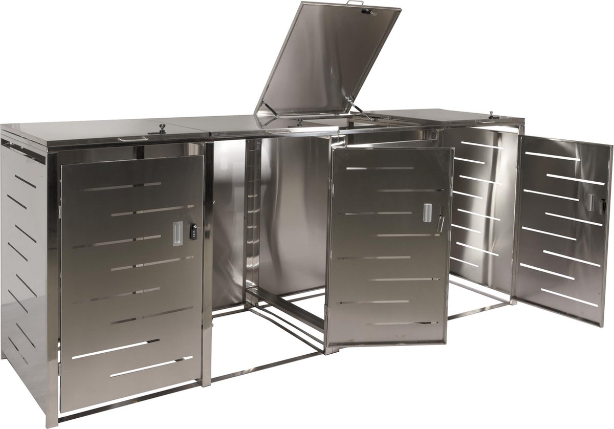 MCW 4-bins afvalbak deksel -E83 afvalbak deksel afvalbak uitbreidbaar 117x263x80cm ~ roestvrij staal 99kg