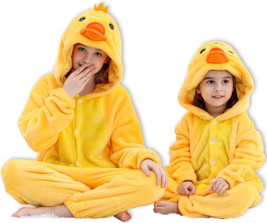 BoefieBoef Dieren Onesie Verkleedkleding Kinderen 5-9 jaar – Comfortabele Kostuum Pyjama – Maat 120 tot 140 – Dierenpak voor Jongens en Meisjes – Feest, Carnaval Verkleedkleding - Kerst, Dierenpak - of Verjaardag Cadeau - Eend Geel