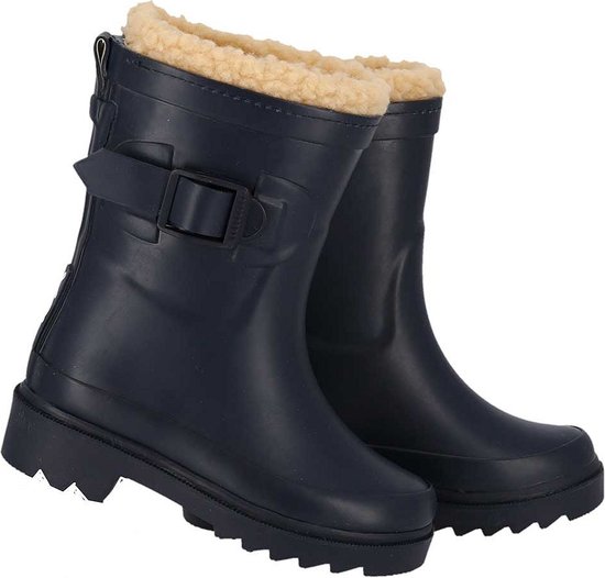 Donkerblauwe regenlaarzen met gesp en imitatiebont voering.