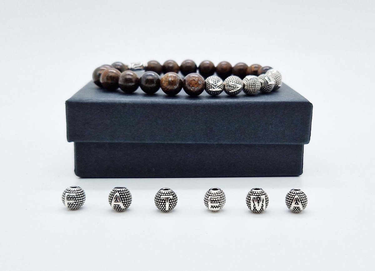 Handgemaakte Natuurstenen armband met metaal naam "Bronzite" - Met je naam of de naam van uw geliefde- 8 mm diameter van de korrel- Diameter armband 20 cm - Een mooi cadeau voor familie en vrienden