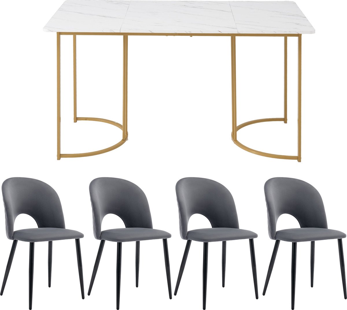 Merax Eetkamerset – 5-delige Eettafel Set 140×80 cm – Wit Marmerlook Tafelblad met 4 Grijs Velvet Eetkamerstoelen – Gouden Tafelpoten en Zwarte Stoelpoten