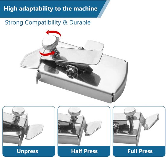 Zilverkleurige metalen naaimachinevoet met verstelschroef, links een demonstratie van 'Unpress', 'Half Press' en 'Full Press'.