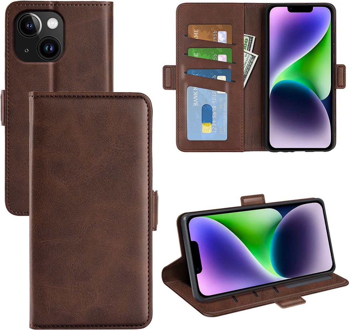 MobyDefend Hoesje - Geschikt voor iPhone 15 - Luxe Wallet Book Case (Sluiting Zijkant) - Bruin