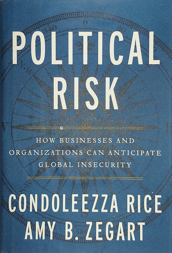 Voorkant van het boek 'Political Risk' met de titel, subtitel en auteursnamen op een donkerblauwe achtergrond met een kompas.