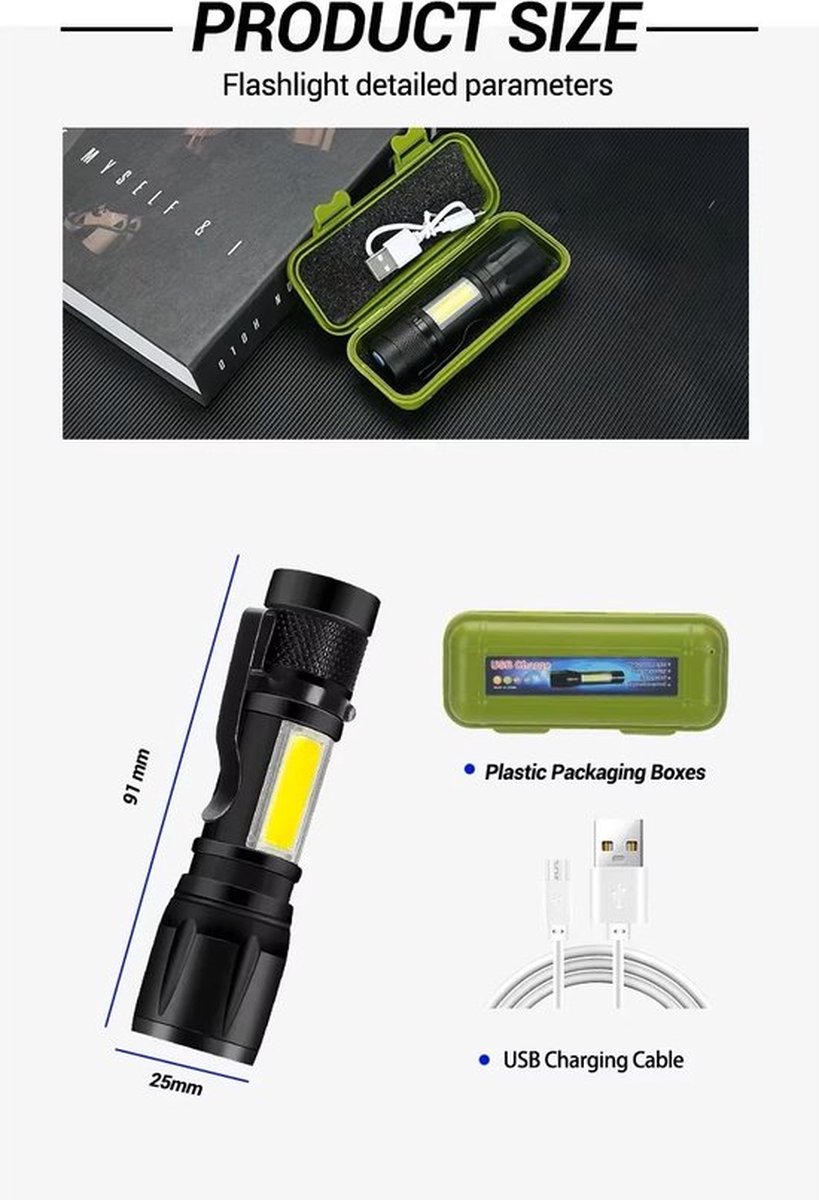 Krachtige Oplaadbare LED-Zaklamp met COB-Zijverlichting – Mini LED Zaklamp met Hook up - Lichtgewicht, Klein en Compact met Uitschuifbare Zoomfunctie – Inclusief groene Beschermcase – Perfect voor Reizen en Noodsituaties – Kleur: Zwart van Merkloos / Sans marque — cadeau in Gadgets - foto 8