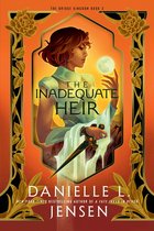 Boekomslag van "The Inadequate Heir" met een vrouw met kort bruin haar en een witte jurk, die een zwaard vasthoudt met een maan op de achtergrond.