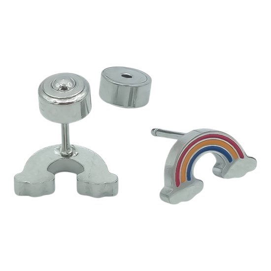 Boucles d'oreilles arc-en-ciel pour fille - Petites boucles d'oreilles clous 6 x 10 mm - Acier Premium couleur argent