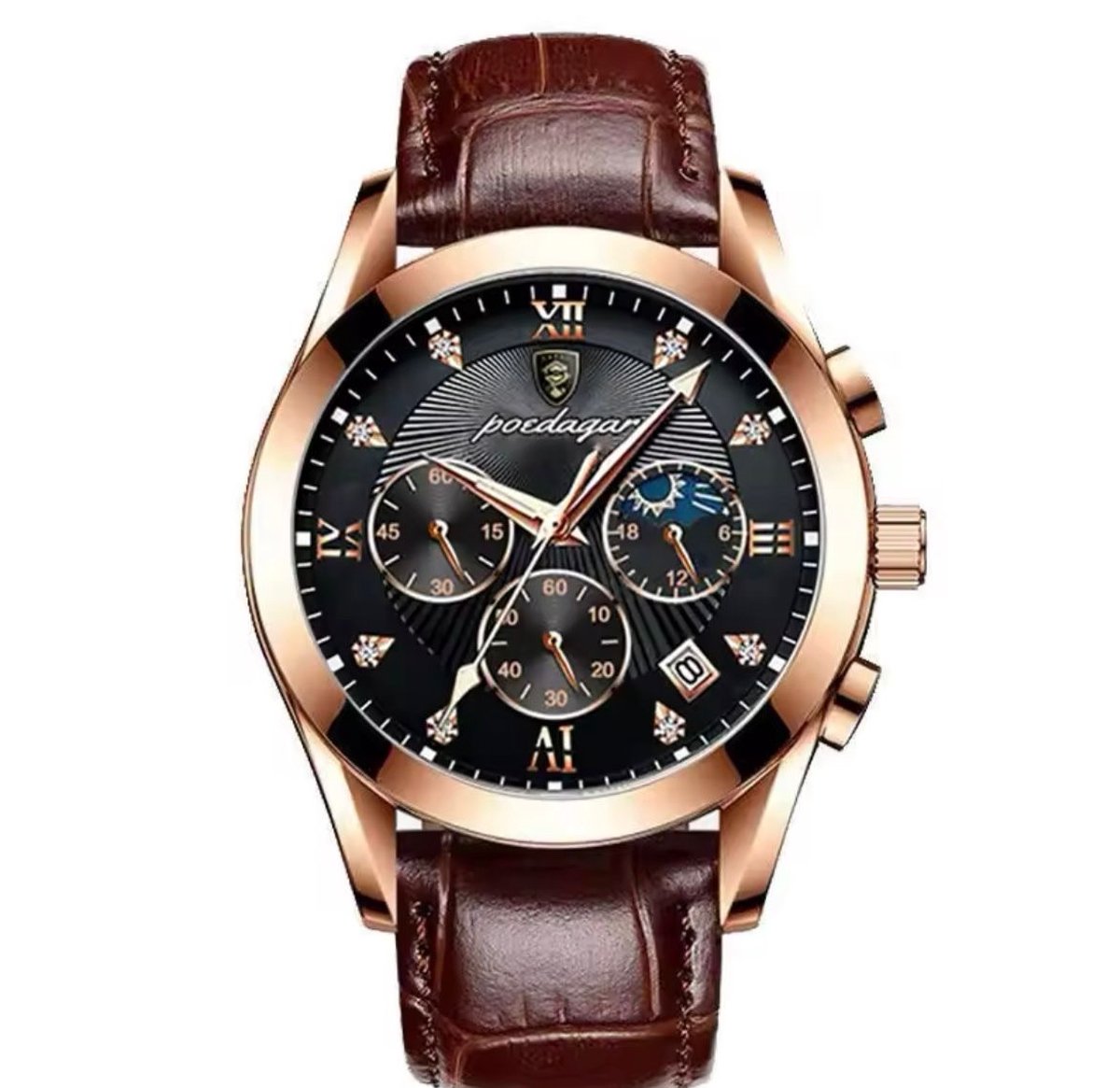 Mpariz-Luxe Herenhorloge - Leren Band - Polshorloge - Heren - Cadeau - Horloge - Geschenkdoos - Mannen - Rosé Zwart- Polsband Bruin