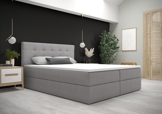Opberg Boxspring Fenne - 140x200 - Grijs - Inclusief Topper - Bed met Opbergruimte - Bonellvering tot 100 kg - Beddenbriljant