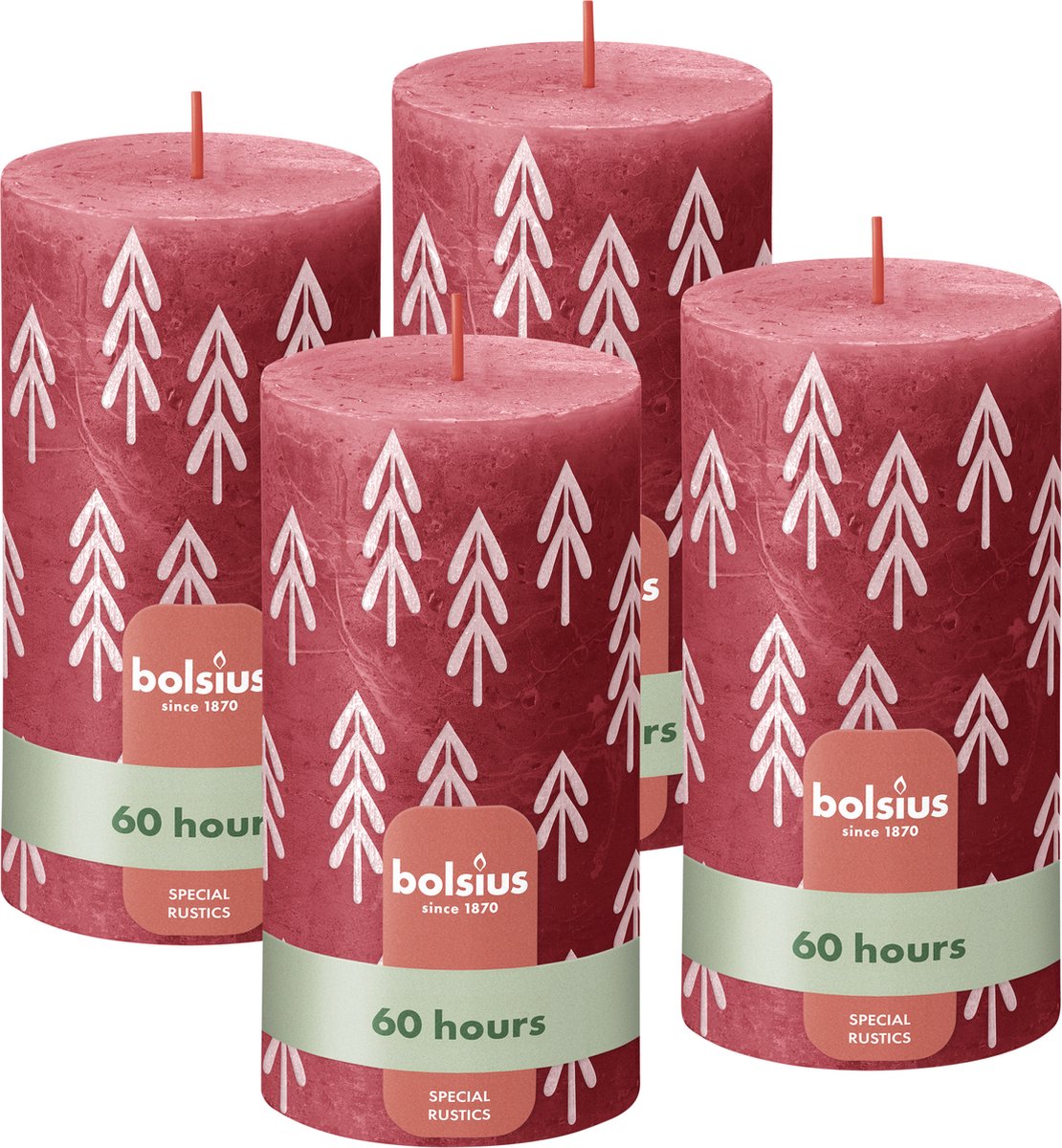 Bolsius Rustieke kaars - 4 Stuks - Rood met print - 13cm - Kerst patroon