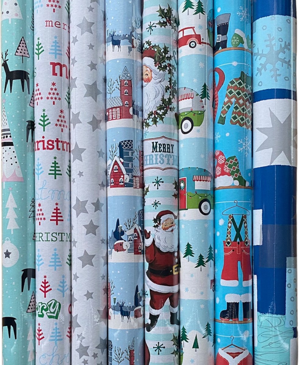 FESTIVE GIFTS Inpakpapier - Cadeaupapier - 300 x 70cm - 8 rollen - Kerst - Luxe Cadeauverpakking - Kleurrijk