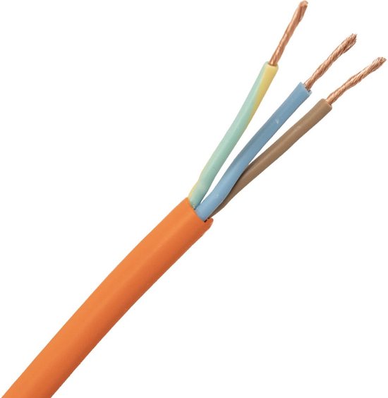 Drie koperen draden van een oranje kabel: geel/groen, blauw en bruin.