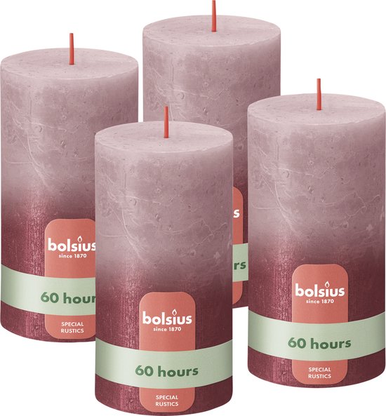 Bolsius - Bougie Rustique Sunset - 4 Pièces - Fading Metallic - Vieux Rose + Rouge - 13cm