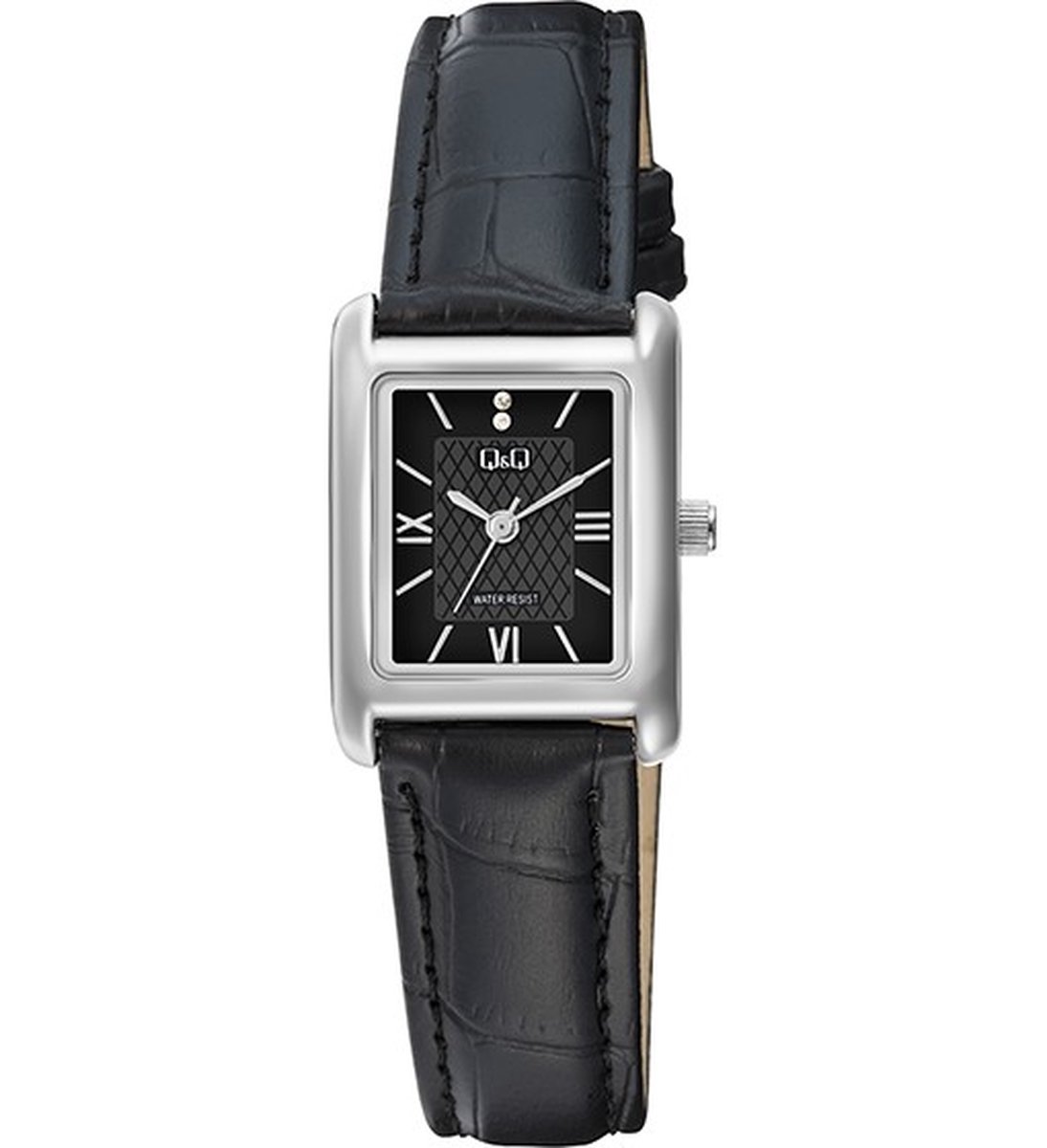QQ C69A-011PY - Horloge - Polshorloge - Analoog - Dames - Vrouwen - Leren band - Rechthoek - Metaal - Strepen - Romeinse Cijfers - Zwart - Zilverkleurig