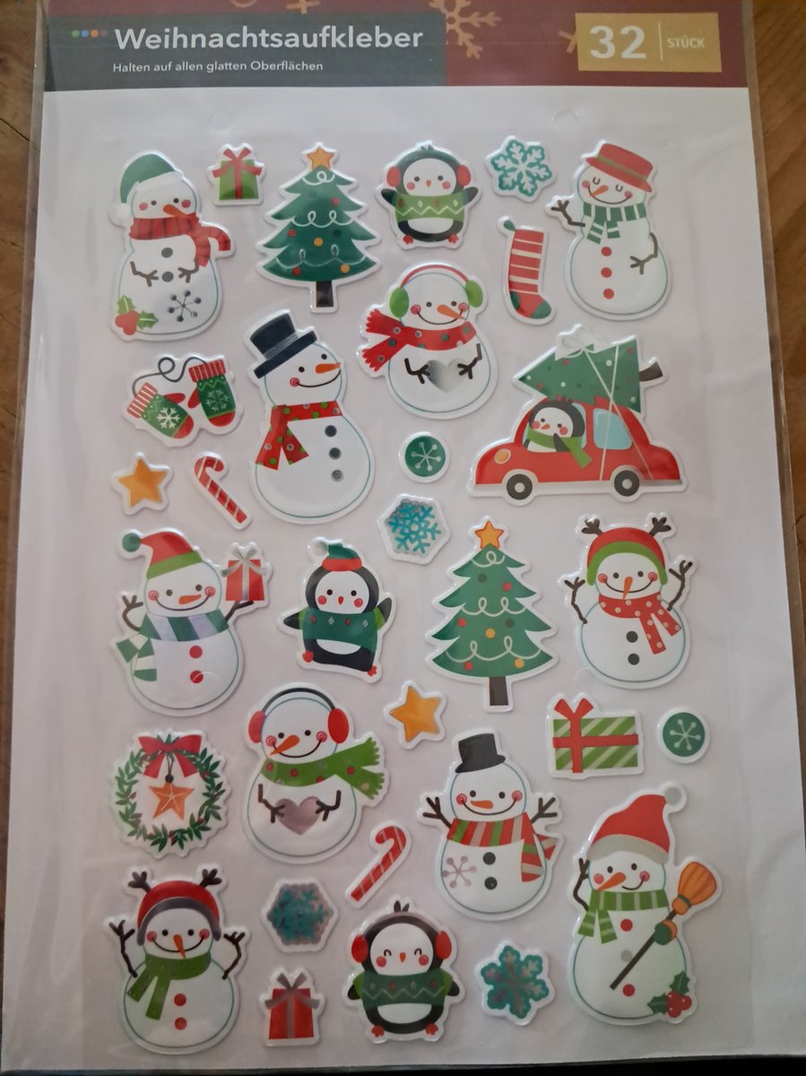 Crelando Kerststickers 32 stuks - Sneeuwpop - Kerstboom - Pinguin - Kerst decoratie