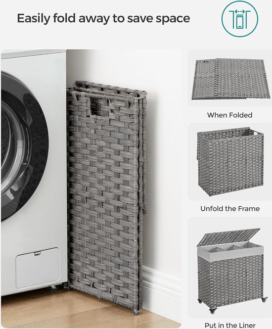 LIVINGSIGNS 140L panier à linge tissé à la main, sac à linge avec couvercle, avec 3 compartiments, pliable, avec roues, en polyrotin, poignées, sac à linge en coton lavable en machine, couleurs naturelles LCB363G01