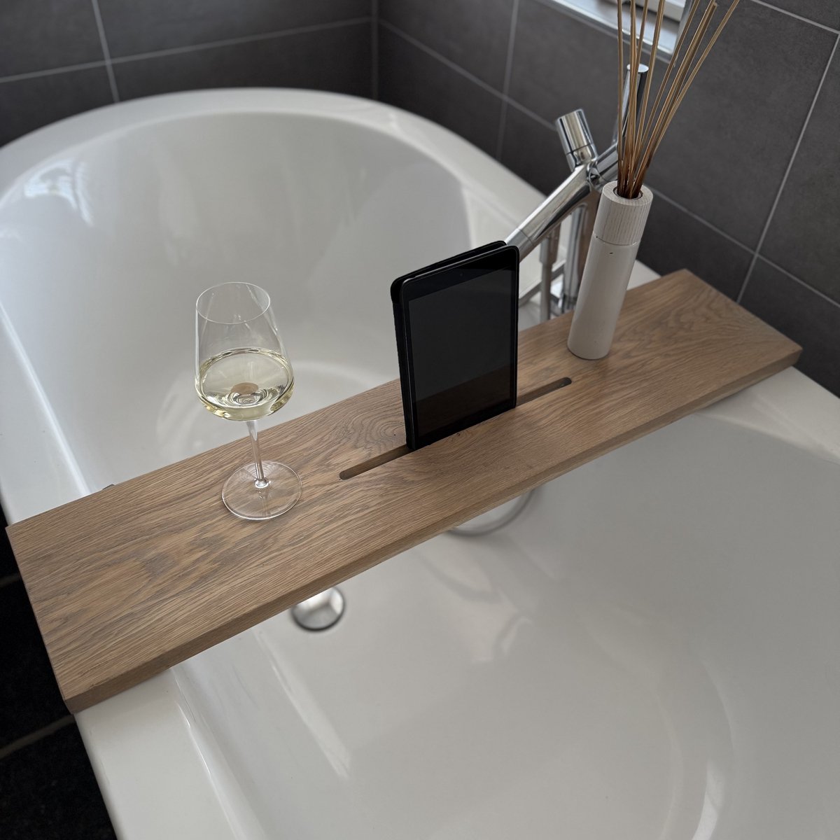 Maison DAM - Badplank eikenhout Silver Grijs - 80x20x3cm - Met Tablet uitsparing - Rubio Monocoat