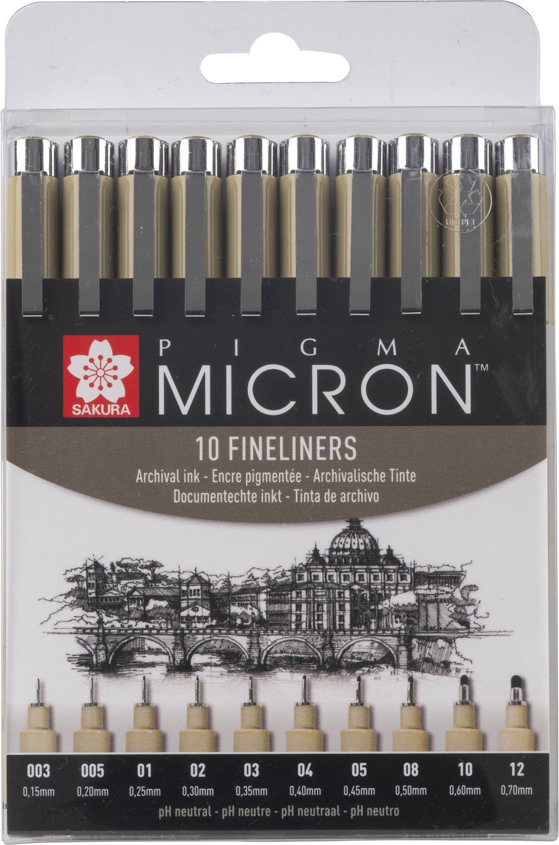 Fineliner sakura pigma micron 10 breedtes zwart | 6 stuks
