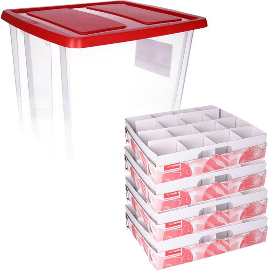 Opbergbox - 3x - voor 64 kerstballen - 45 liter - rood deksel - kerstversiering opruimen - opbergen