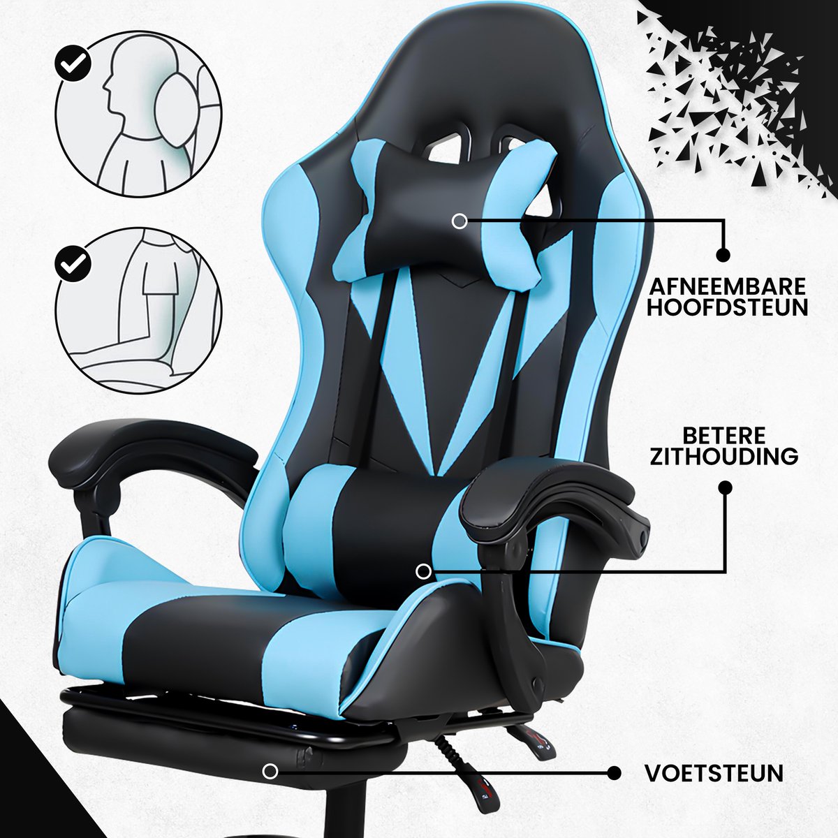 Afbeelding 3 van Bayt Gamingstoel - Gaming chair - Game stoel - Comfort gamer stoel - Zwart en Lichtblauw
