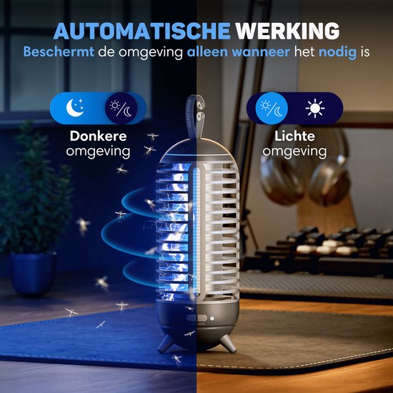 Automatische werking van de muggenlamp in een donkere en lichte omgeving. Vliegende insecten worden aangetrokken.