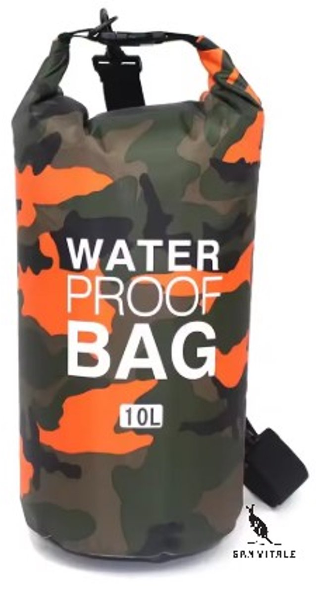 San Vitale®- Drybag 10L - Waterdichte tas - Zwemmen - Kamperen - Wandelen - Rafting - Kajak - Rivier - Trekking - Tassen - Legerprint - Oranje