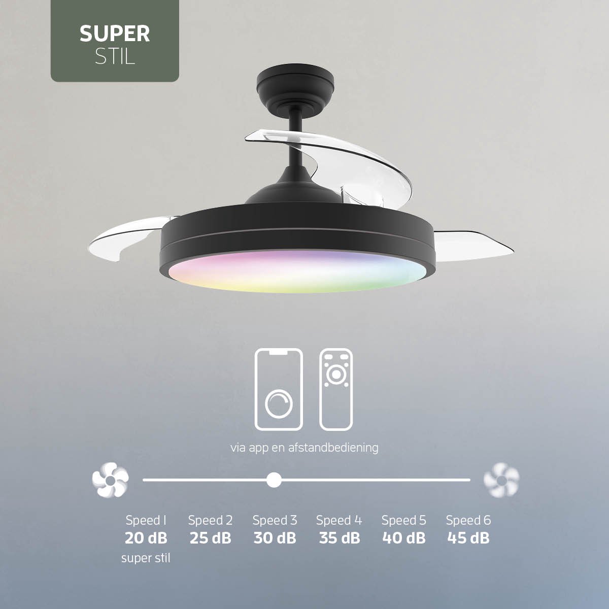Varin® Smart Plafondventilator met verlichting - Zwart - Tuya Wifi - LED 36W RGBW - Ø 50cm/108cm - Super stil - Smart lamp - Plafondlamp slaapkamer - Plafonniere woonkamer - Plafondlampen - Plafond lamp - Verlichting kinderkamer - Ventilator thumbnail 5