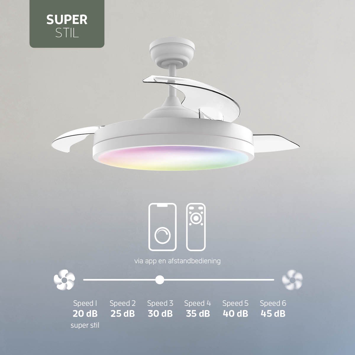 Varin® Smart Plafondventilator met verlichting - Wit - Tuya Wifi - LED 36W RGBW - Ø 50cm/108cm - Super stil - Smart lamp - Plafondlamp slaapkamer - Plafonniere woonkamer - Plafondlampen - Plafond lamp - Verlichting kinderkamer - Ventilator thumbnail 5