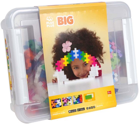 Plus-Plus BIG opbergbox, open met een berg gekleurde bouwstenen en een voorbeeld van een regenboog op de deksel.