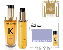 Kérastase Elixir Ultime L'Huile Originale Refill Duo + Cadeau - Navulbare Haarolie 75ml & Navulling 75ml + Flatpouch Cadeau - Met Camelia & Arganolie Voor Intense Voeding, Glans, Anti-frizz & Hittebescherming, Voor Elk Haartype