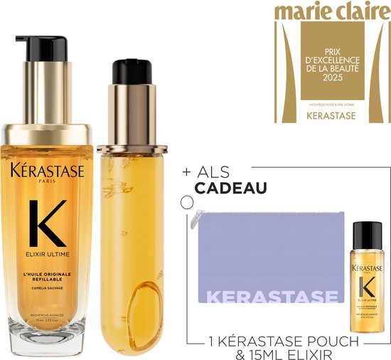 Huile Kérastase Elixir Ultime dans une bouteille en verre avec pompe dorée, recharge dans une bouteille en verre avec pompe dorée, trousse Kérastase violette et huile Kérastase 15ml.