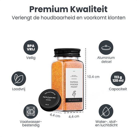 Glazen kruidenpotje met oranje paprikapoeder, zwarte deksel, 113g. Afmetingen 4.4 x 4.4 x 10.4 cm. BPA-vrij.