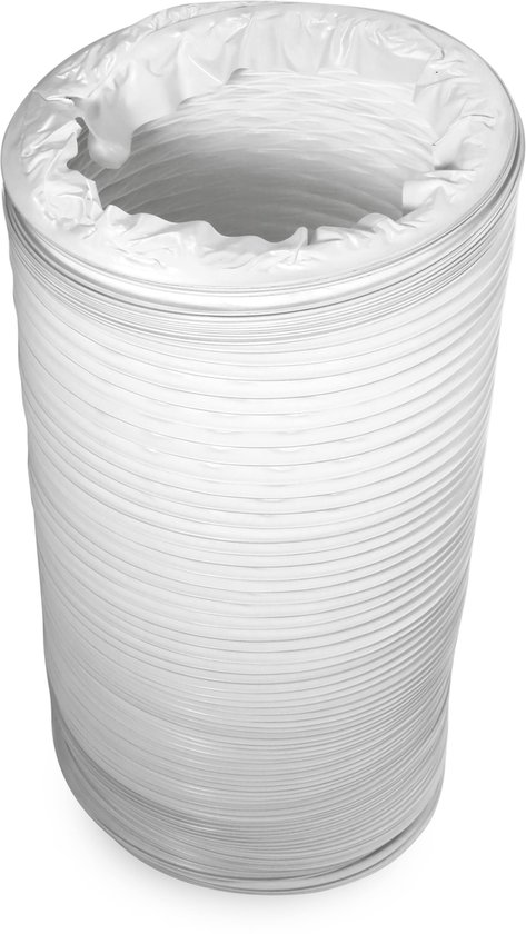 Witte, flexibele luchtafvoerslang met ribbels, rechtopstaand met open uiteinden.