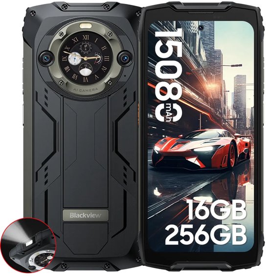 Blackview BV9300 Pro - Robuuste Smartphone - 16(8+8)GB RAM - 256GB - 15080mAh - 120Hz 6.7" FHD - Dual 4G LTE - 64MP+32MP - IP68 Waterdicht - 1.32" Achterkant Dsiplay - NFC - GPS - Zwart