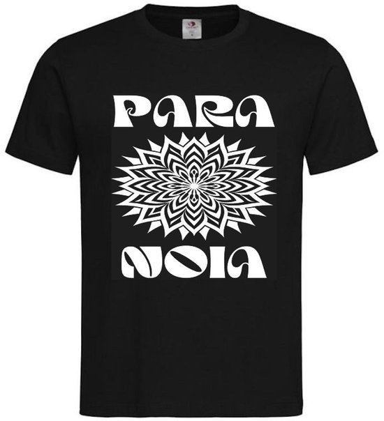 T-shirt Unisex Volwassenen Lol - Festival - carnaval - kermis - feestje - grappig - Weekend - Wijn - Tekst "PARANOIA" HYPNOTIC SWIRL Op Voorkant | korte mouw | Zwart/wit | maat XL
