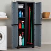kunststof kast, bezemkast, multifunctionele kast, opbergkasten met deuren, Zwart-Grijs, 65 x 37 x 165 cm, inclusief 4 verstelbare planken, geschikt voor binnen en buiten, plank bevat 15 kg