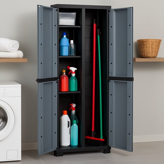 Armoire en plastique, armoire à balais, armoire multifonctionnelle, armoires de rangement avec portes, Zwart- Grijs, 65 x 37 x 165 cm, avec 4 étagères réglables, convient pour une utilisation intérieure et extérieure, l'étagère contient 15 kg
