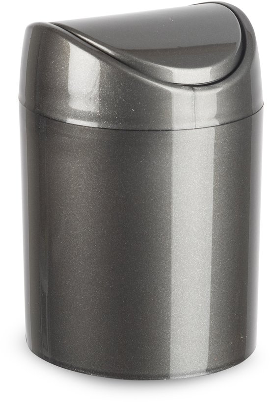 Mini poubelle Plasticforte - gris foncé - plastique - avec couvercle à charnière - modèle comptoir/table de cuisine - 1,4 L - 12 x 17 cm