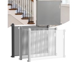 Traphekje Uitschuifbaar – Veiligheidshuisje voor Baby’s en Huisdieren – 87 cm Hoog, 180 cm Breed – Aluminium, PP & PVC – Kindveilig & Eenvoudig met 1 Hand Bediening – Wit