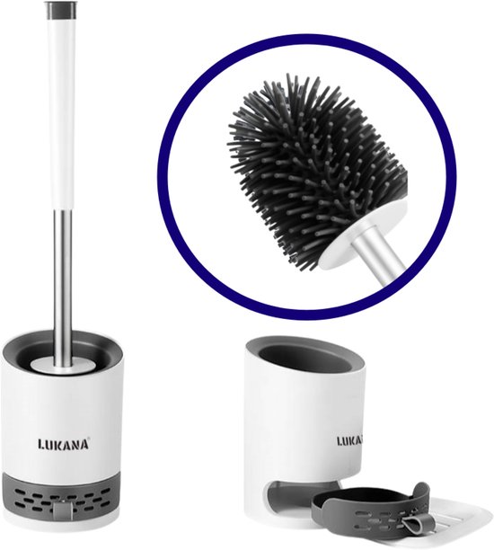 Lukana Toiletborstel Siliconen met Houder - Wc Borstel - Vrijstaand of Hangend - Sneldrogend, Hygiënisch & Antibacteriële Werking - Zonder Boren - Toilet Brush - Toiletborstel Houder - Lekbak