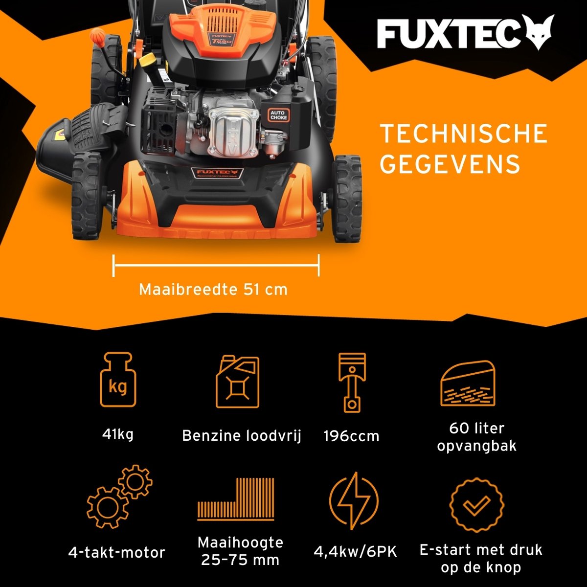 FUXTEC 4-in-1 Benzine Grasmaaier FX-RM5196eSPRO – Elektrische Start – 6 pk – 51 cm Maaibreedte – Flexibele Achterwielaandrijving – 4-Takt – Maaihoogte 25–75 mm – 60 L Grasopvangbak – Mulchfunctie – foto 8