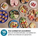 Collage van ontbijt- en lunchgerechten, muffins, salades, gegrilde zalm, en stoofschotels.