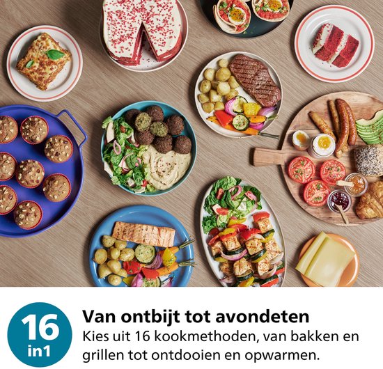 Collage van ontbijt- en lunchgerechten, muffins, salades, gegrilde zalm, en stoofschotels.