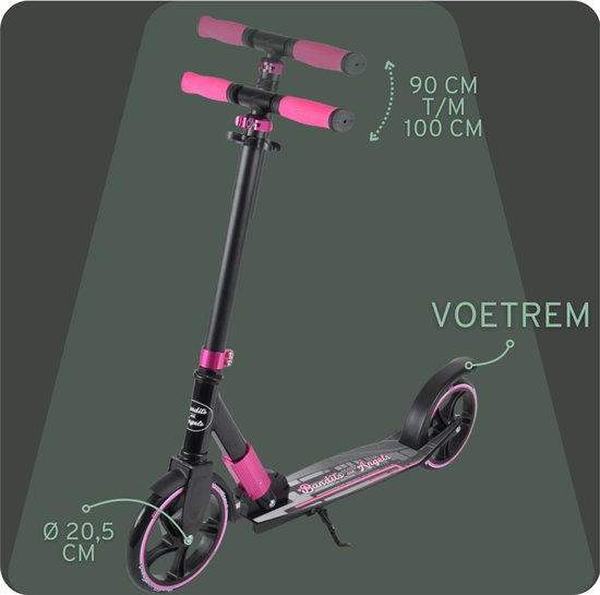 Zwarte step met roze handvatten en accenten, 90-100 cm hoog, wiel diameter 20,5 cm.